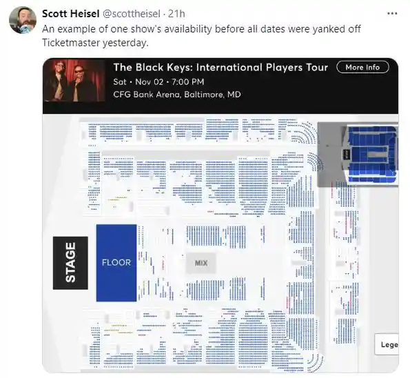 The Black Keys unsold tickets seatmap at Baltimore's CFG Bank Arena