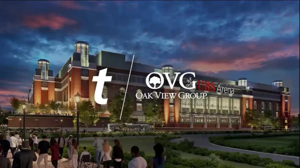Oak View Group and Ticketmaster logos over a background image of the OVG's UBS Arena in New York