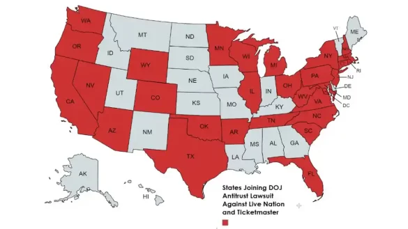 Map of the United States, showing states who have signed on as co-plaintiffs to the USA vs. Live Nation Entertainment antitrust lawsuit highlighted in red.