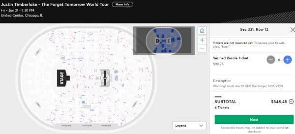 Ticketmaster price floors Justin Timberlake screenshot of website.