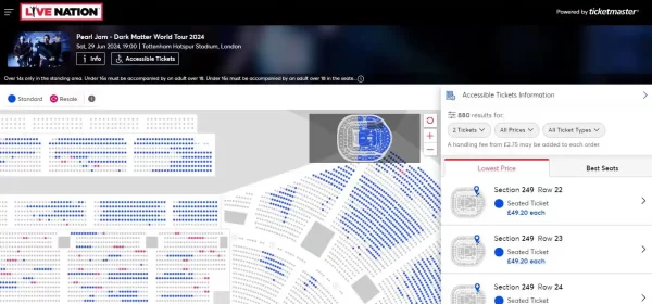 Screenshot of Live Nation/Ticketmaster page for Pearl Jam event at Tottenham Hotspur Stadium in London, showing a significant number of seats still available.