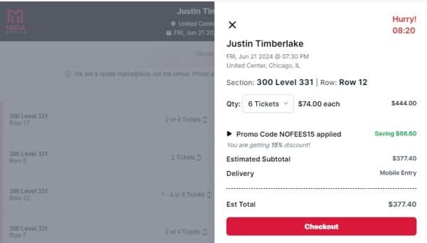 screenshot of MEGASeats.com ticket prices for Justin Timberlake at Chicago's United Arena