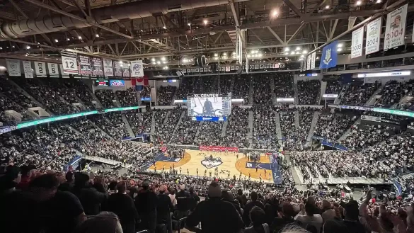 Interior shot of XL Center in Hartford during a UConn basketball game from 2022.